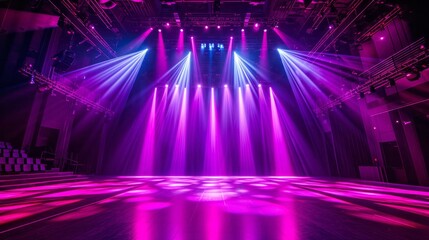 Stage illuminated by blue and pink spotlights. Empty scene with spots of light on floor. Realistic...
