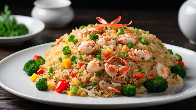 picture of the crab fried rice plated on a pristine white dish, resting elegantly on a dark wooden table