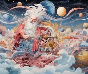 
An old colorfull photorealistic map with an interesting figure in it, in the style of cosmic themes, cyclorama, mythological figures, light sky-blue and light red.