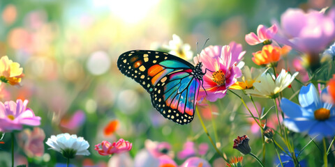 a flower garden with a large colorful butterfly, generative AI