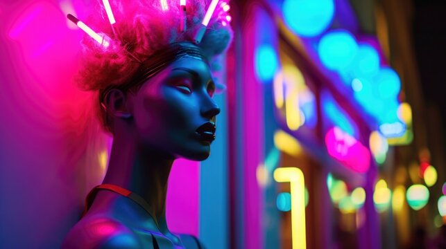 A mannequin sports a bold neon wig atop its head adding an extra punch of color to the already vibrant space.