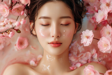 Obraz na płótnie Canvas Photo of beautiful Asian woman with flowers, spa concept, skincare