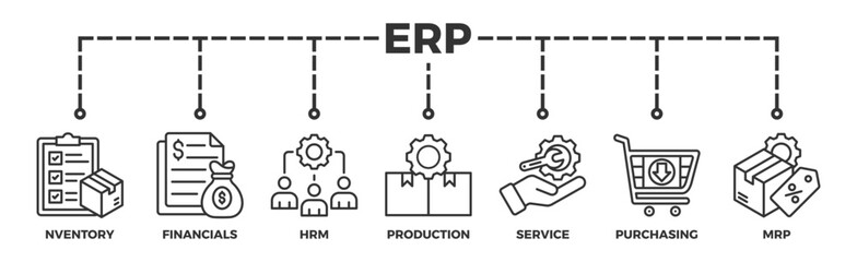 ERP banner web icon glyph silhouette for enterprise resource planning with icon of inventory, financials, hrm, production, service, purchasing, and mrp