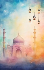 Ramadan kareem and eid fitr islamic concept mosque and lantern oil painting background illustration in colorful aesthetic pastel color for wallpaper, greeting card and flyer.