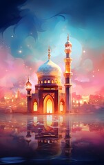 Ramadan kareem and eid fitr islamic concept mosque oil painting background illustration in colorful aesthetic pastel color for wallpaper, greeting card and flyer.