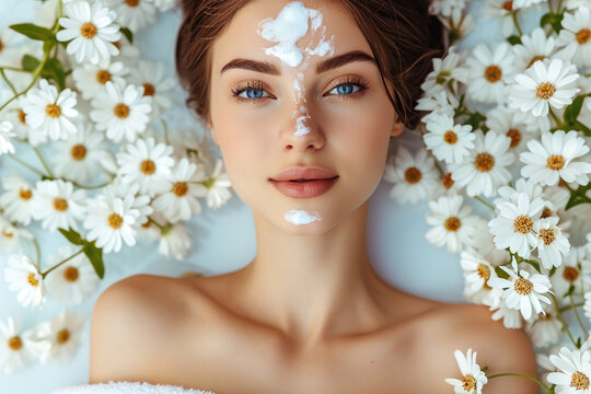 Photo of beautiful woman with flowers, spa concept, skincare