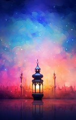 Fototapeta premium Ramadan kareem and eid fitr islamic concept lantern mosque oil painting background illustration in colorful aesthetic pastel color for wallpaper, greeting card and flyer.