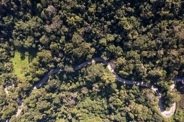 Top view of countryside road passing through the green forrest and mountain