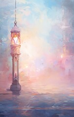 Ramadan kareem and eid fitr islamic concept lantern mosque oil painting background illustration in colorful aesthetic pastel color for wallpaper, greeting card and flyer.