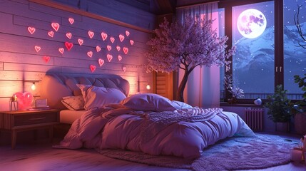decorated room with love tree and soft light lamp pink walls and heart shape pillow on bed and view from window for valentine day generated by AI tool 