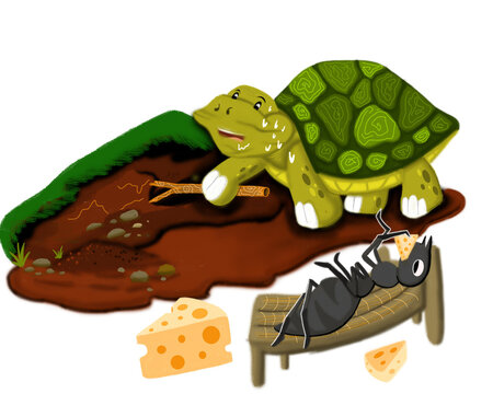 Cartoon Turtle and Black Ant