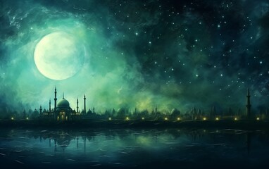 Ramadan kareem and eid fitr islamic concept mosque oil painting background illustration in aesthetic dark green color for wallpaper, greeting card and flyer.