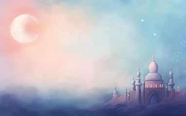 Ramadan kareem and eid fitr islamic concept mosque oil painting background illustration in colorful aesthetic pastel color for wallpaper, greeting card and flyer.