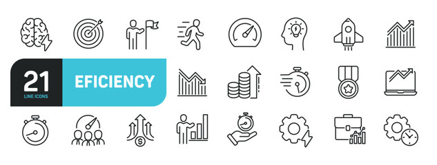 Set of line icons related to efficiency, effective, optimization, progress. Outline icons collection. Editable stroke. Vector illustration.