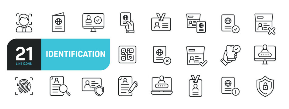 Set of line icons related to identification, verification, passport, identity. Outline icons collection. Editable stroke. Vector illustration.