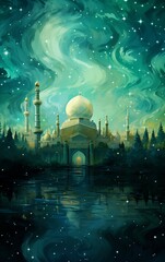 Ramadan kareem and eid fitr islamic concept mosque oil painting background illustration in aesthetic dark green color for wallpaper, greeting card and flyer.