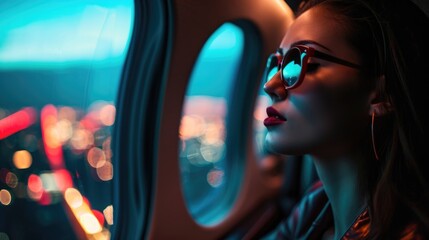 With a stunning view of the city skyline behind her, this fashion model radiates confidence and poise aboard a sleek private jet.