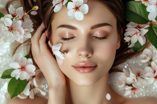 Photo of beautiful woman with flowers, spa concept, skincare