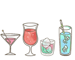 クレヨンで描いたカクテルのイラストのセット