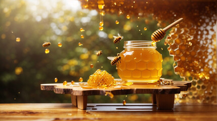 A wooden table with a jar of honey jar of honey and bee - obrazy, fototapety, plakaty