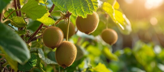 Obraz premium Ripe organic kiwi growing in a small garden.
