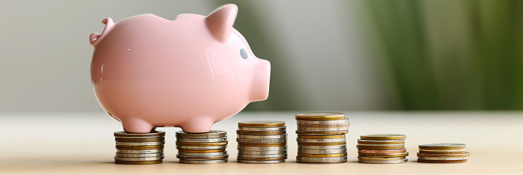 Staircase of piggy bank and coins