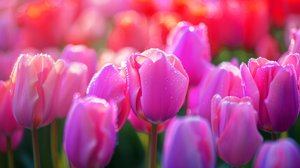 Fototapeta premium 朝露をつけた鮮やかな色のチューリップ