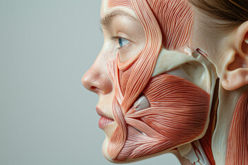 Side view woman face human anatomy, skin and muscles - obrazy, fototapety, plakaty