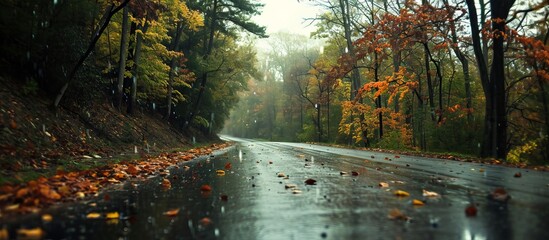 Autumn rain on the rearview road.