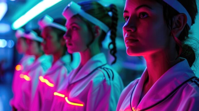 The students traditional white uniforms are accented with neon piping adding a pop of color to their otherwise simplistic attire.