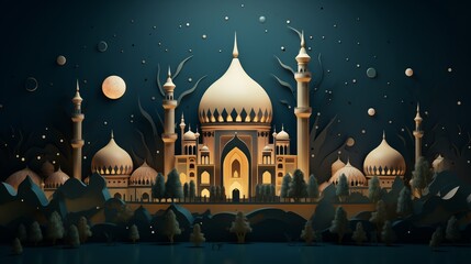 mosque and moon at night in paper cutting style 3D illustration. Ramadan kareem and eid fitr islamic concept background for greeting card and flyer. colorful pastel color.
