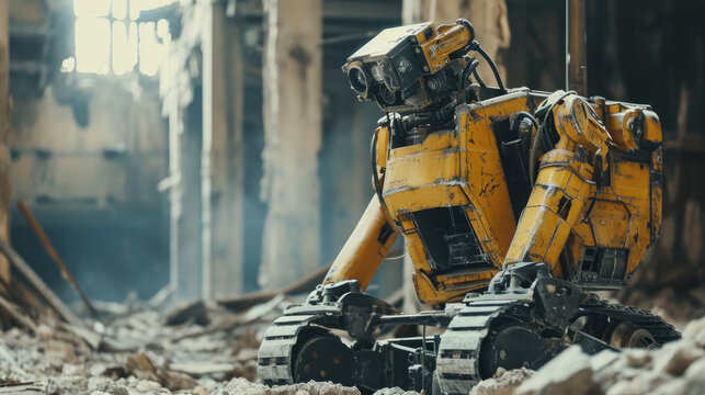 Unmanned remote-controlled search and rescue survivors robot amidst a wreckage of resident building devastated by an earthquake disaster or war. Technology for search and rescue people idea concept.	