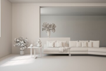 Grey living room concept with sofa. 3D illustration