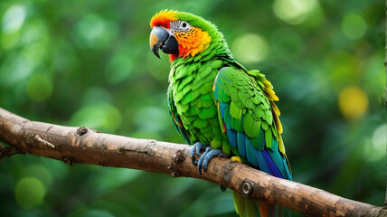 Obraz premium A green parrot sitting on top of a tree