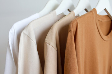 Row of brown t-shirts colors variant hanging on white hanger on rack clothes - obrazy, fototapety, plakaty