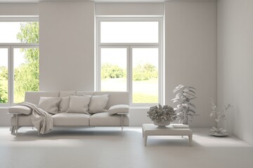 Grey living room concept with sofa and summer landscape in window. Scandinavian interior design. 3D illustration