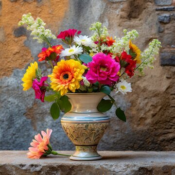 a vase with vibrant flowers set against a textured wall background, focusing on capturing the intricate details of both the flowers and the surrounding environment. 