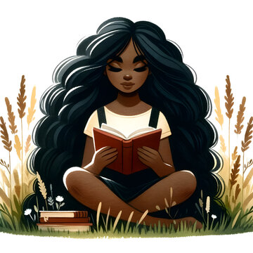 Young Black Woman Reading in a Grassy Field Outside in a Country Setting