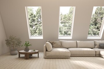White living room with sofa and summer landscape in window. Scandinavian interior design. 3D illustration