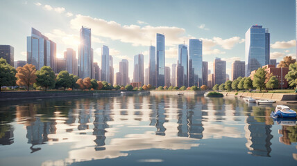 Fototapeta premium A river running through a city next to tall buildings