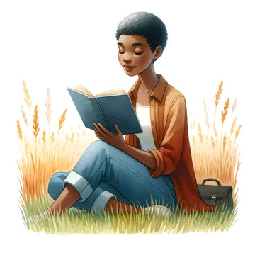 Young Black Woman Reading in a Grassy Field Outside in a Country Setting