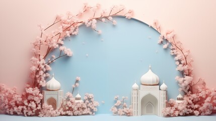 mosque and blossom flowers in paper cutting style 3D illustration. Ramadan kareem and eid fitr islamic concept background for greeting card and flyer. colorful pastel color.