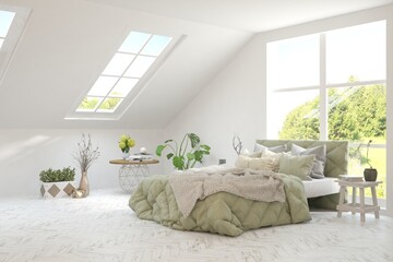 White bedroom interior design with summer landscape in window. Scandinavian interior design. 3D illustration - obrazy, fototapety, plakaty
