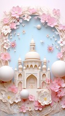 mosque and blossom flowers in paper cutting style 3D illustration. Ramadan kareem and eid fitr islamic concept background for greeting card and flyer. colorful pastel color.