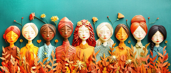 A diverse group of females portrayed with flowers in a paper cut-out style. International Women's Day. AI generated