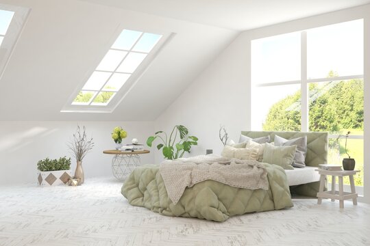 Fototapeta White bedroom interior design with summer landscape in window. Scandinavian interior design. 3D illustration