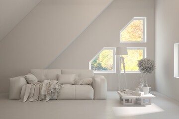 White living room concept with sofa. 3D illustration