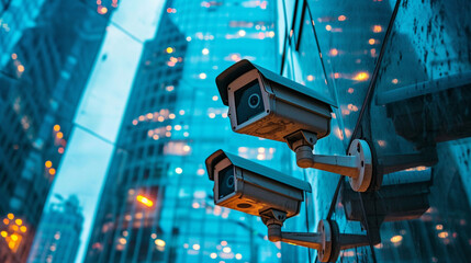 Urban safety fortified with high-tech surveillance technology. Building exterior monitoring guarantees a secure environment through vigilant surveillance. - obrazy, fototapety, plakaty