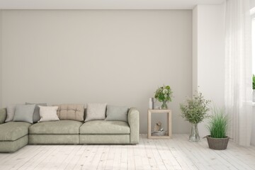 White living room with sofa. Scandinavian interior design. 3D illustration