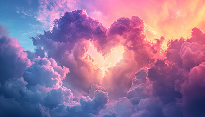 A captivating sunset scene with heart-shaped clouds in the sky, creating a picturesque love background. Valentine's Day. Generated AI - obrazy, fototapety, plakaty